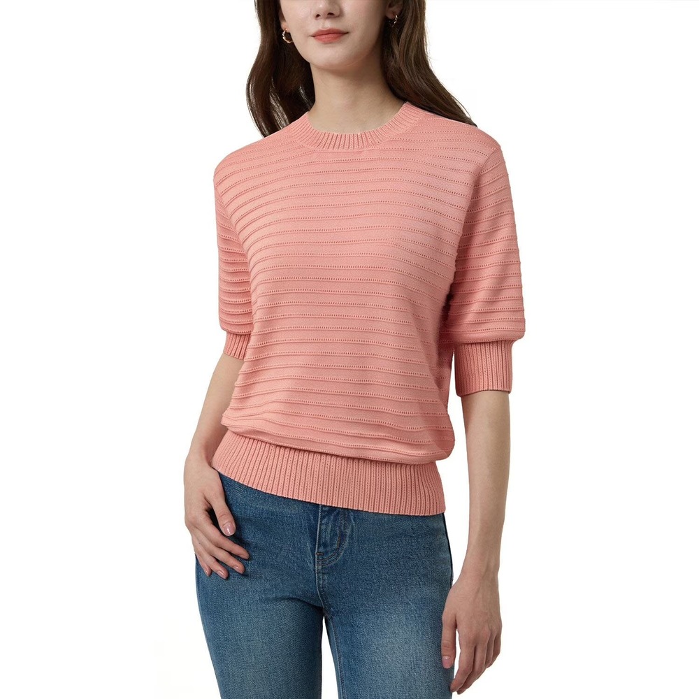 Frye Womens Short Sleeve Pointelle Stitch Cotton Sweater Pink Large NWT